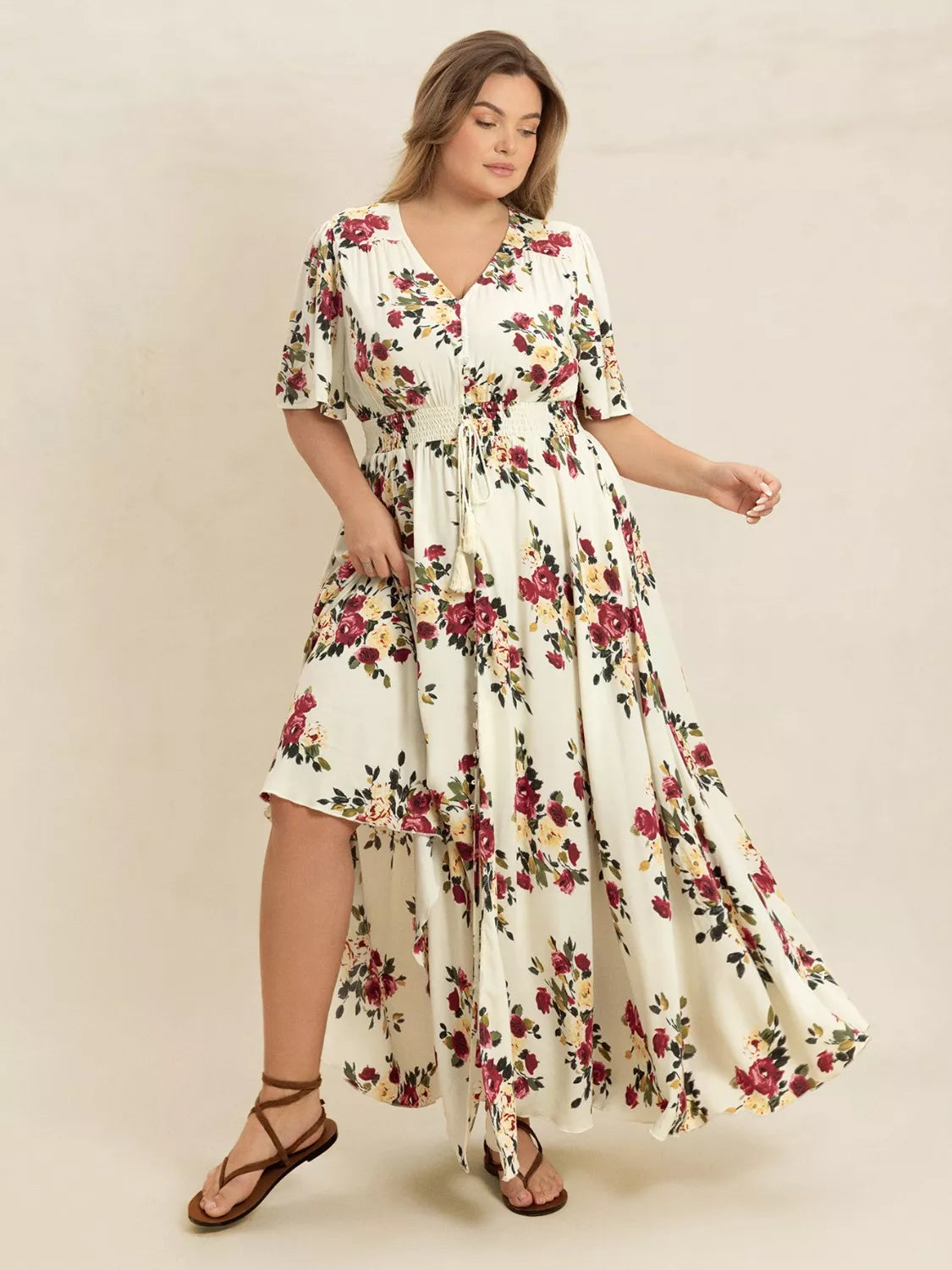 Plus Size Floral Flutter Sleeve Maxi Dress with Button Front