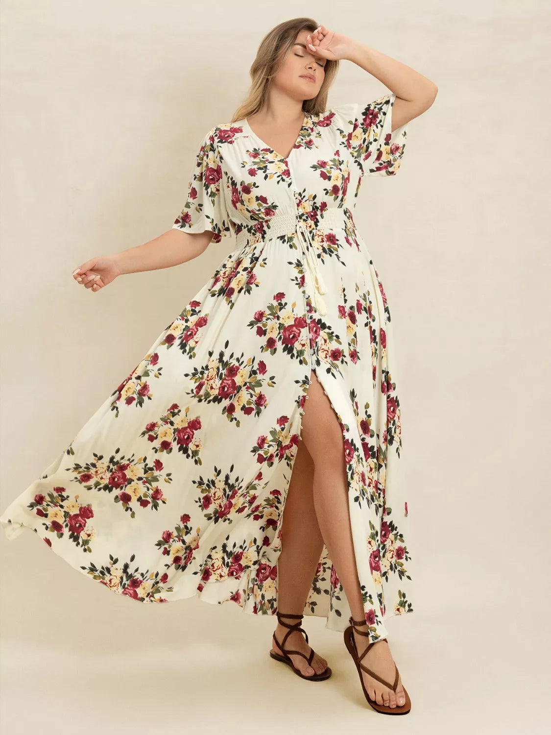 Plus Size Floral Flutter Sleeve Maxi Dress with Button Front